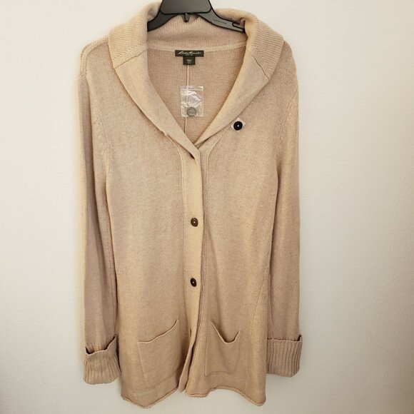 Eddie Bauer Soft and Cozy Tan Lambswool Blend Long Sleeve Cardigan Size XXLT  NW - Picture 1 of 12
